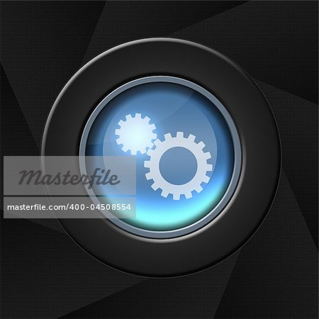 Blue icon with gears over aperture style background