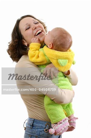 little baby on mother hands, portrait, white background
