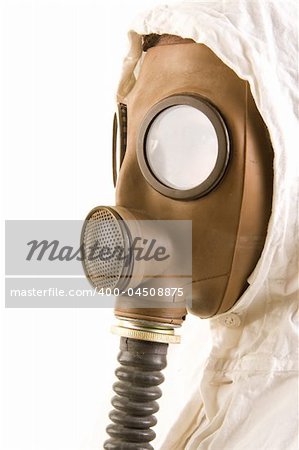 Person in gas mask on white background