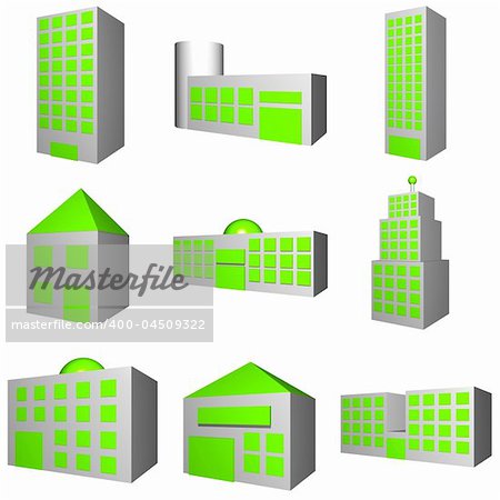 A set of buildings with different architectures in gray
