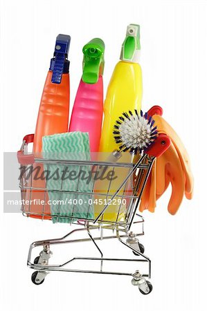 Cleaning equipment in a modell shopping trolley on white background