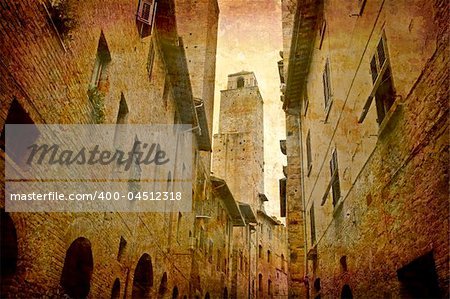 Artistic work of my own in retro style - Postcard from Italy. - Towers San Gimignano - Tuscany.