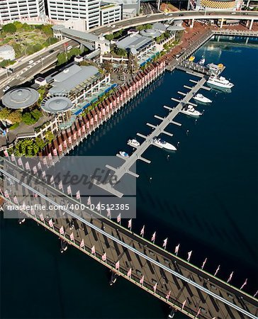 Aerial view of Pyrmont Bridge andboats in Darling Harbour, Sydney, Australia.