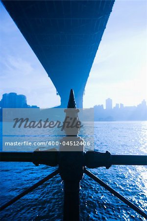 View from underneath Sydney Harbour Bridge in Australia at dusk with harbor and city skyline visible.