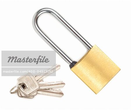 Set of padlock and keys isolated over white background