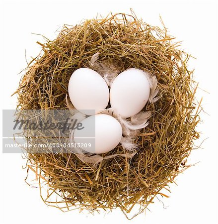Three chicken white eggs and feathers in a nest from a dry grass on a white background
