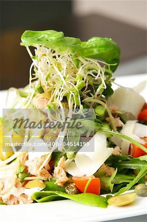 salad with tuna on plate over wooden table