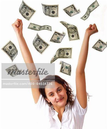 Happy young woman and dollar banknotes