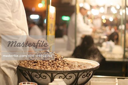 Traditional food stalls in Djemnaa el Fna square, Morocco, Marrakesh