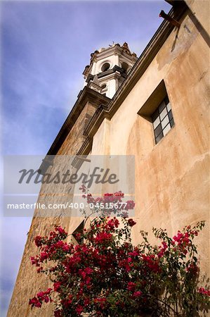 White Stone Church Red Bouganvillea, Tlaquepaque, Guadalajara, Mexico