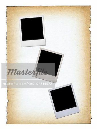 three blank photo frames against old paper page, all isolated on pure white background, edges are very frayed