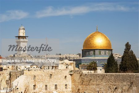 Typical view of Jerusalem, The mosque of Al-aqsa and part of The Wailing wall