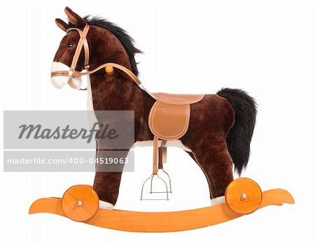 Brown toy horse with a saddle, a bridle and wheels