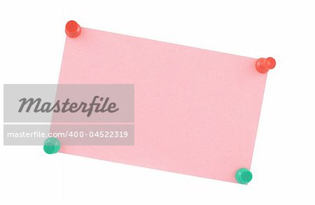 thumbtacked pink paper sheet on pure white background