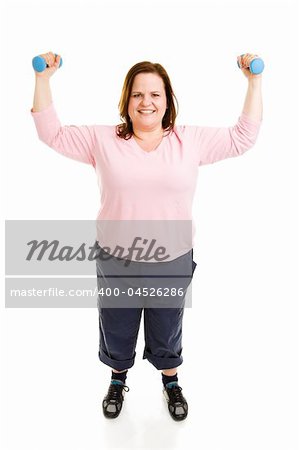 Beautiful plus-sized model working out with free weights.  Full body isolated on white.