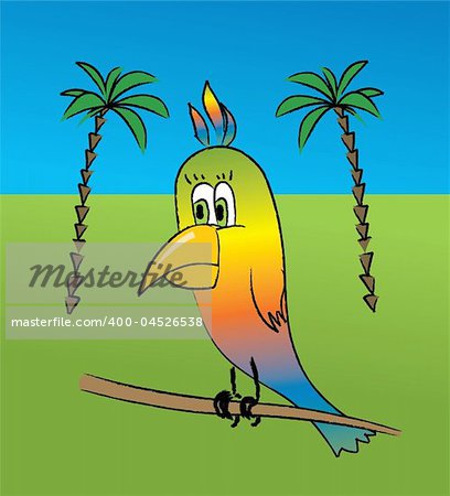 The vector image of a multi-coloured parrot on a background of palm trees.