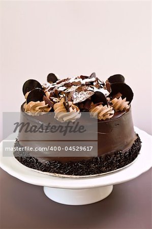 Round chocolate cake with frosting on a plate