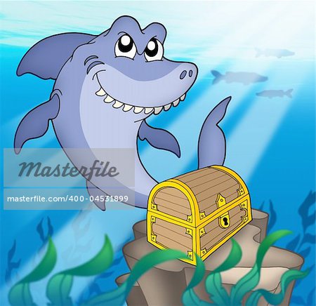 Shark with tresure chest - color illustration.