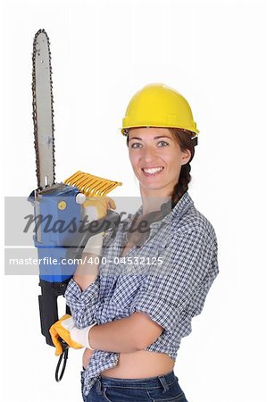 Beauty woman with chainsaw on white background