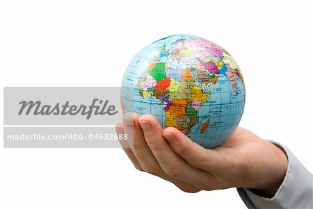 Hand holdings a globe on a whiteness