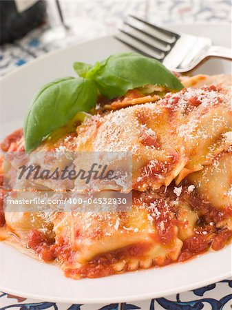 Plate of Veal and Sage Ravioli with Tomato and Basil Sauce with Grated Parmesan