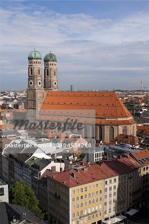 Frauenkirche Cathedral Church in Munich (Munchen), Germany. View from Sacred Peter's Church