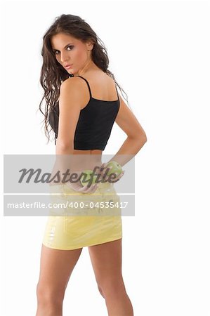 nice young woman with yellow skirt and green apple