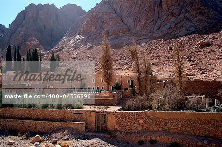 The Greek Orthodox monastery of St. Catherine at the foot of Mount Sinai (2285 m) on the Sinai Peninsula, Egypt. People believe that Mount Sinai is the Biblical mountain were Moses received the Ten Commandments. The Monastery was found by the Byzantine Emperor Justinian in 542 AD on the place where the Biblical Burning Bush was growing. Now the St. Catherine’s Monastery is the oldest Christian mon