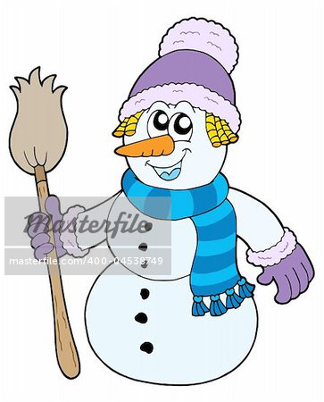 Snowman with broom - vector illustration.