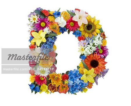 Letter D made of flowers isolated on white background