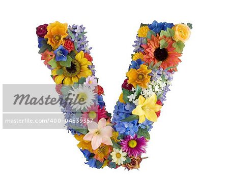Letter V made of flowers isolated on white background