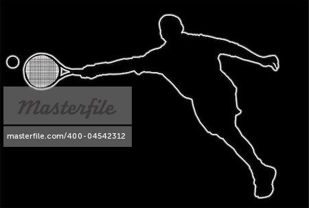 Glowing silhouette of a tennis player over black background