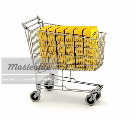 Shopping cart full of gold bars over white background