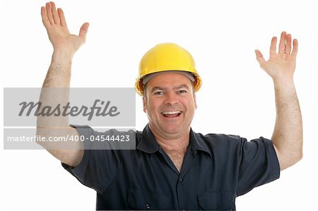 Construction worker throwing up his hands in joy.  Isolated on white.