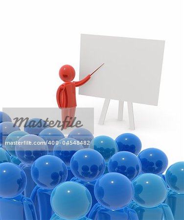 Teacher standing with pointer in hand close to board. Board is empty - ready for montage of desired content.