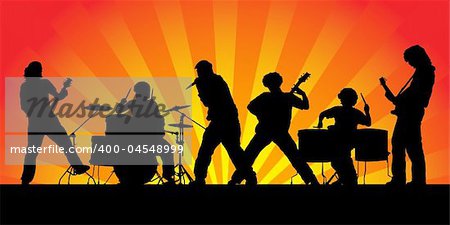 Rock band. Silhouettes of six musicians. Vector illustration.
