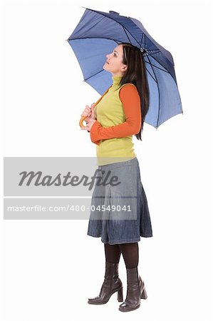 attractive brunette woman with umbrella over white background