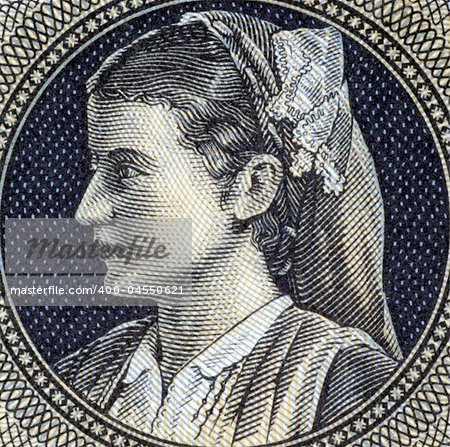 Woman in national costume on 1000 Drachmai 1942 banknote from Greece