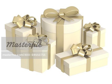 Five boxes with gifts, fastened by tapes. Object over white