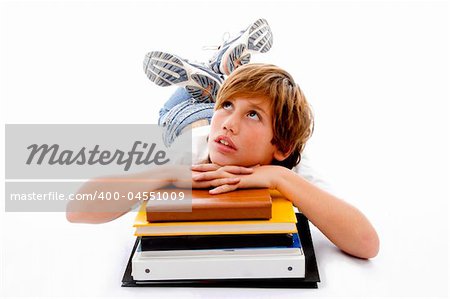 front view of laying boy with books with white background