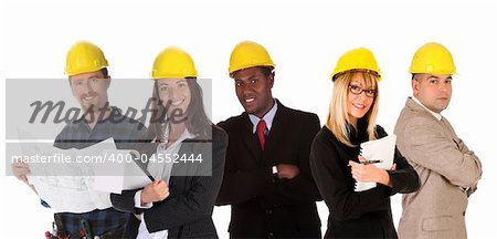 business team with blueprint and documents on white background