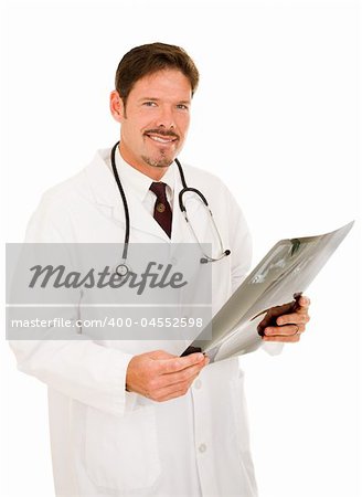 Handsome, friendly doctor holding x-ray or MRI film.  Isolated on white.