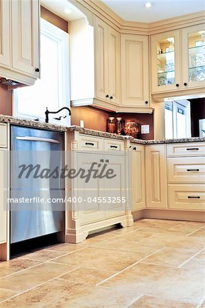 Modern luxury kitchen with ceramic tile floor