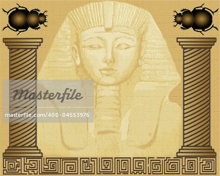 Scene of the egyptian pharaoh between pillars and scarab