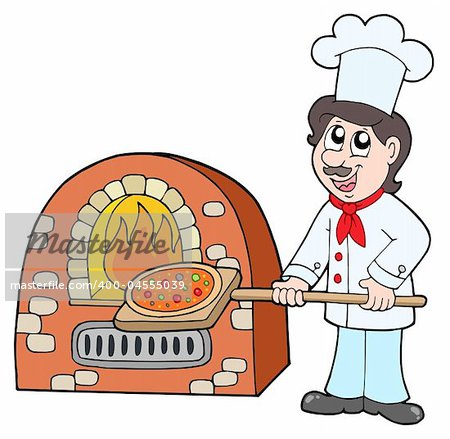 Chef baking pizza - vector illustration.