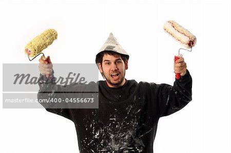 house painter with paint roller on white background