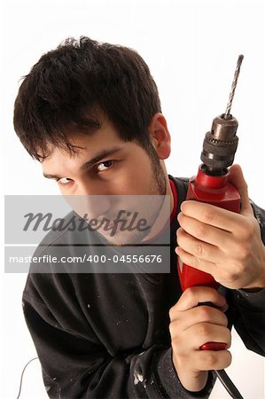 An craftsman with borer on white background