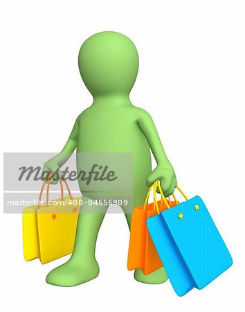 3d person - puppet, carrying packages with purchases. Objects over white