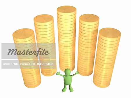 Joyful 3d puppet, worth near to columns of gold coins. Objects over white