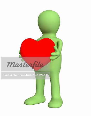 3d person - puppet, holding in hands red heart. Objects over white